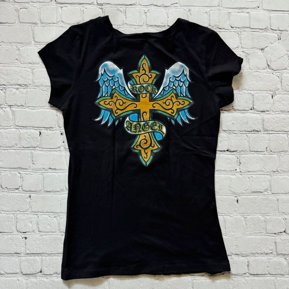 New Vocal Apparel Womens Crystal Black Cross Rock Angel Wings Shirt L Large Y2K